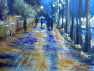 A painting in blues, purples and golds of a street scene at night in the rain.