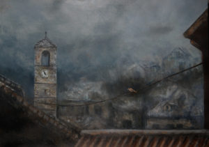 A painting of a foggy evening in the city with a golden bird resting on a telephone wire.